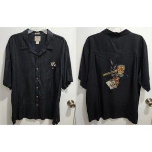 LUAU MENS LARGE 100% FINEST SILK BLACK SHIRT BLACKJACK GAMBLER SMOKING KING